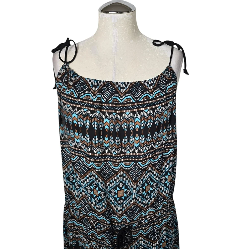Timing Blue Brown Printed Shoulder Ties Sleeveless Jumpsuit L - Picture 3 of 9